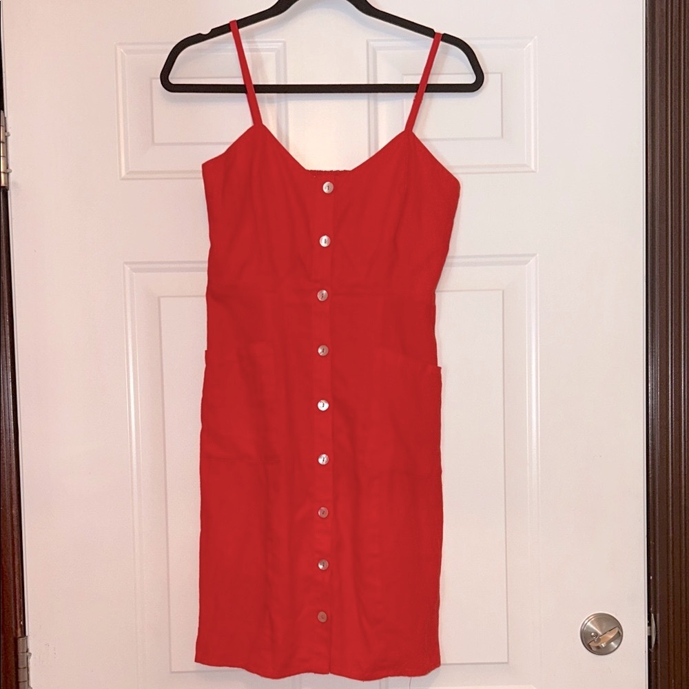 Cynthia Rowley Linen Button Dress 2 Red Spaghetti Strap Minimalist Classic